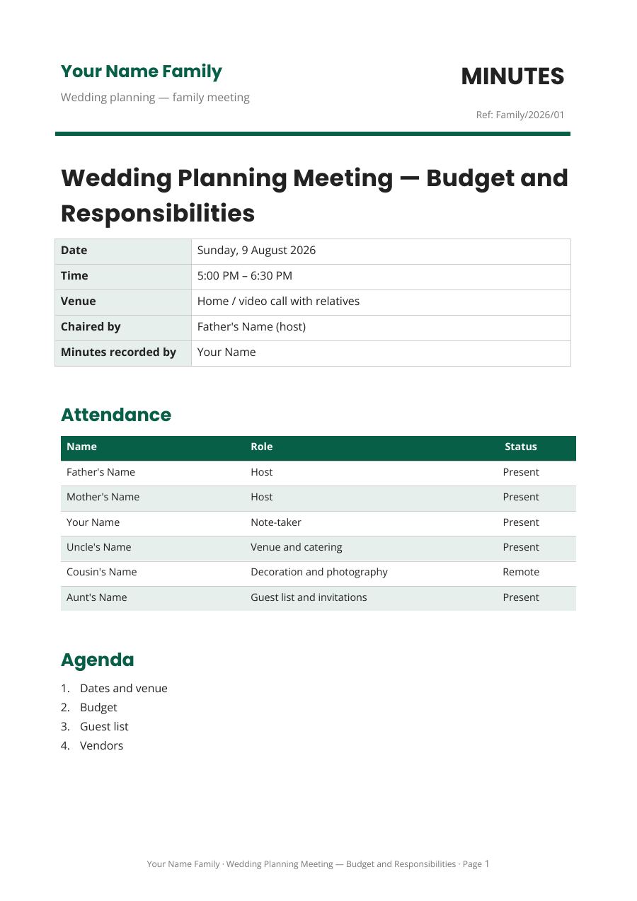 Wedding Planning Meeting — Budget and Responsibilities — page 1