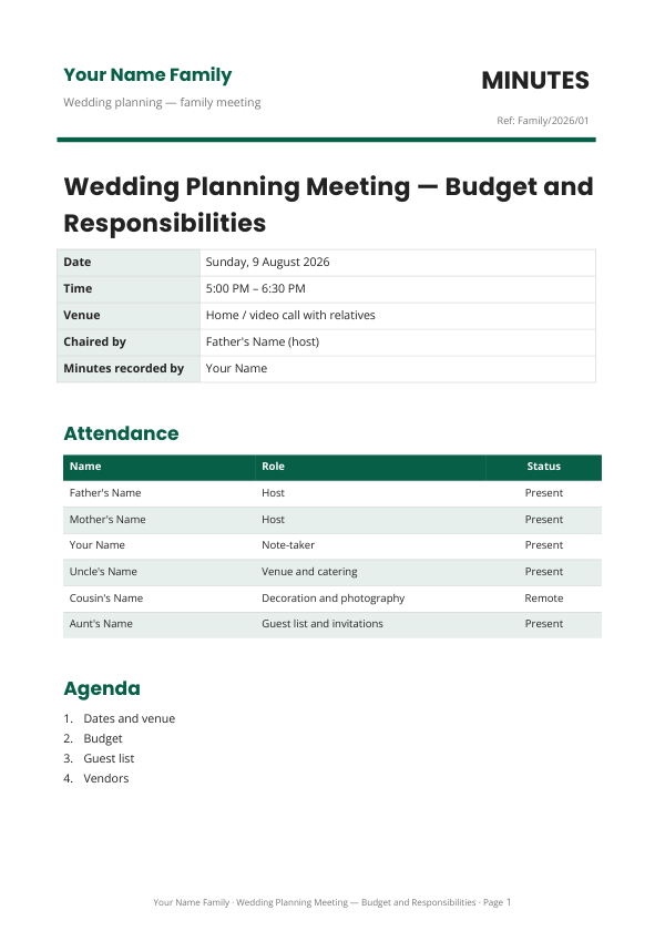 Wedding Planning Meeting — Budget and Responsibilities — preview