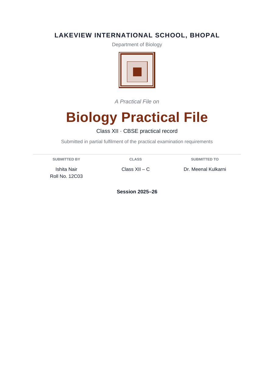Biology Practical File (Academic · Arial) — page 1