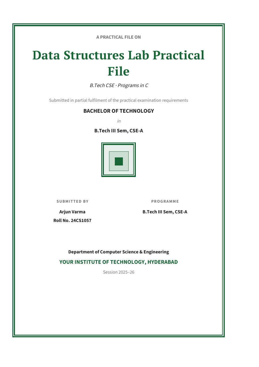 Data Structures Lab Practical File (Classic · PT Serif) — page 1