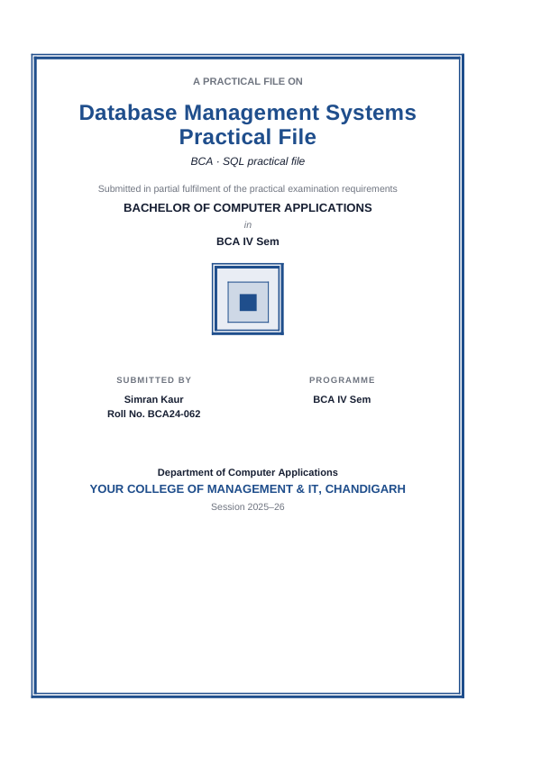 Database Management Systems Practical File (Classic · Arial) — preview