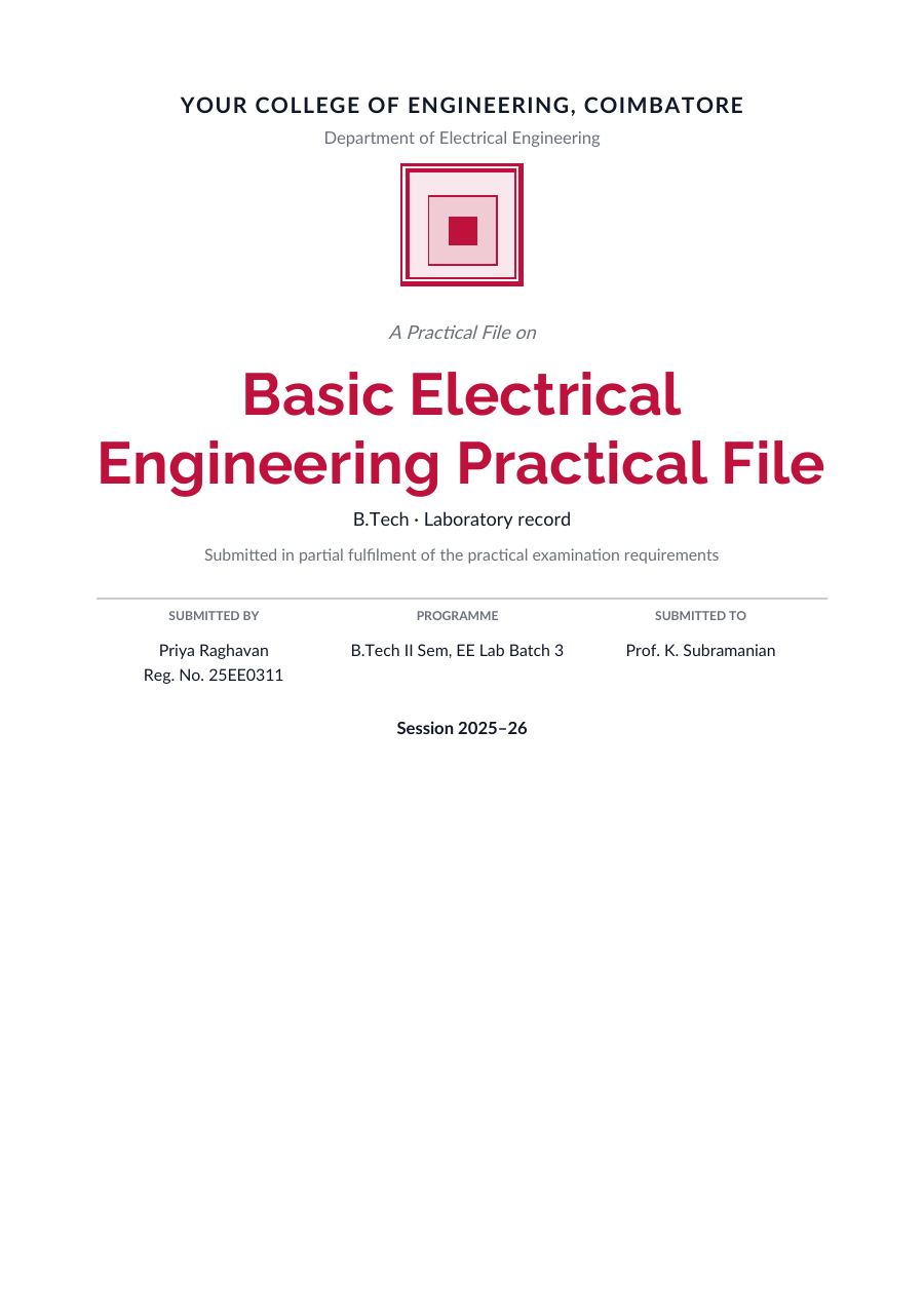 Basic Electrical Engineering Practical File (Academic · Raleway) — page 1
