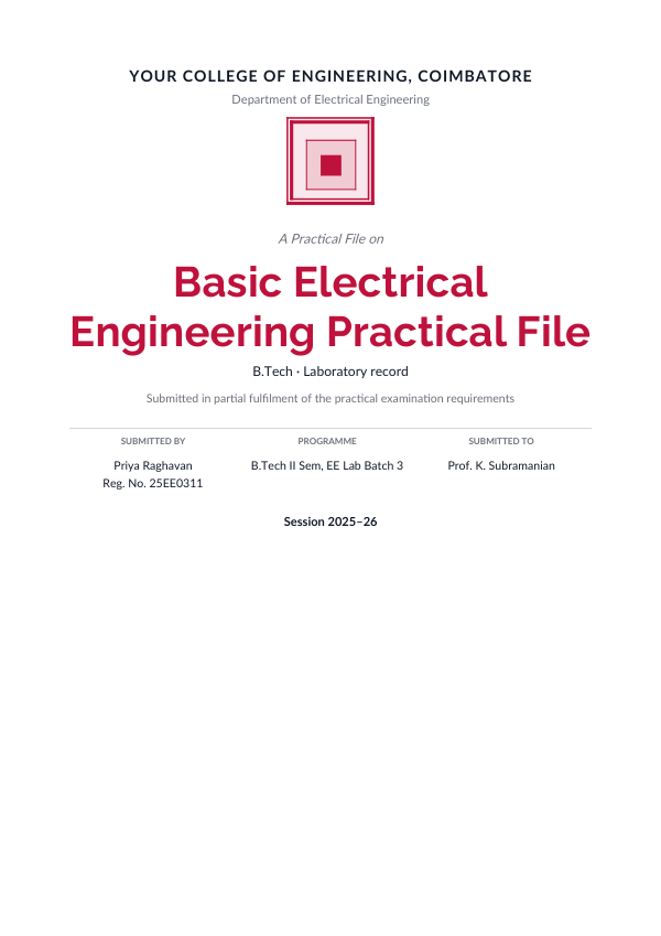 Basic Electrical Engineering Practical File (Academic · Raleway) — preview
