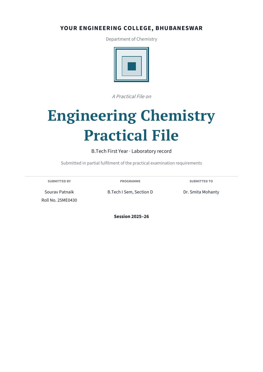 Engineering Chemistry Practical File (Academic · PT Serif) — page 1