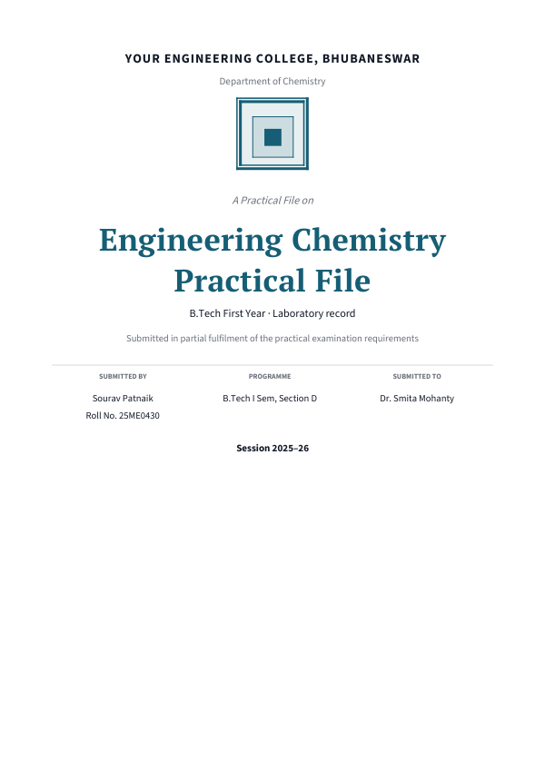 Engineering Chemistry Practical File (Academic · PT Serif) — preview