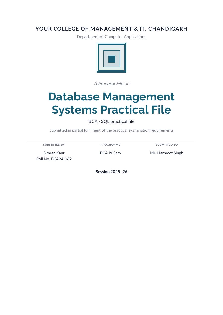 Database Management Systems Practical File (Academic · Raleway) — page 1