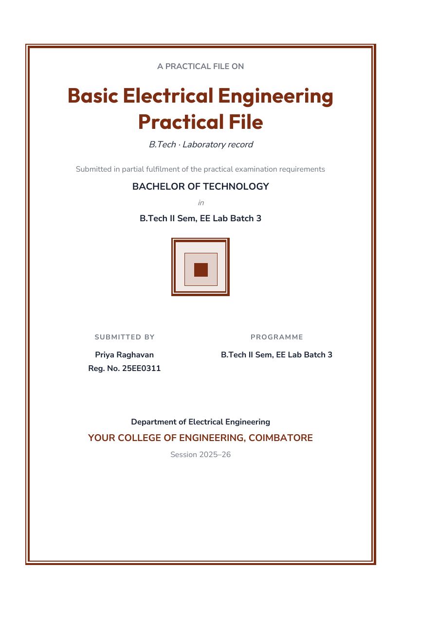 Basic Electrical Engineering Practical File (Classic · Outfit) — page 1