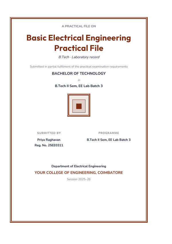 Basic Electrical Engineering Practical File (Classic · Outfit) — preview