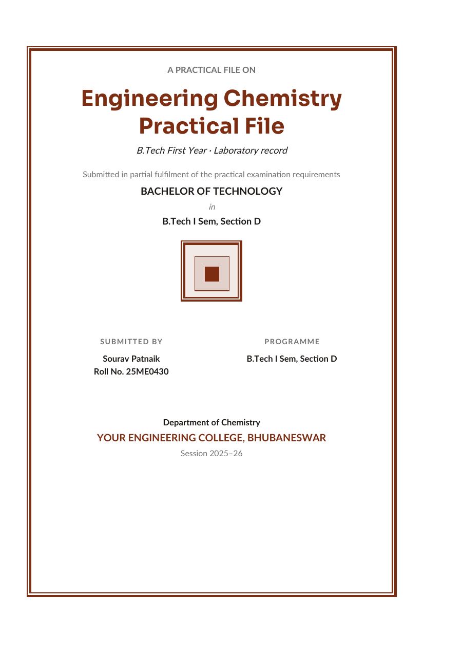 Engineering Chemistry Practical File (Classic · Sora) — page 1