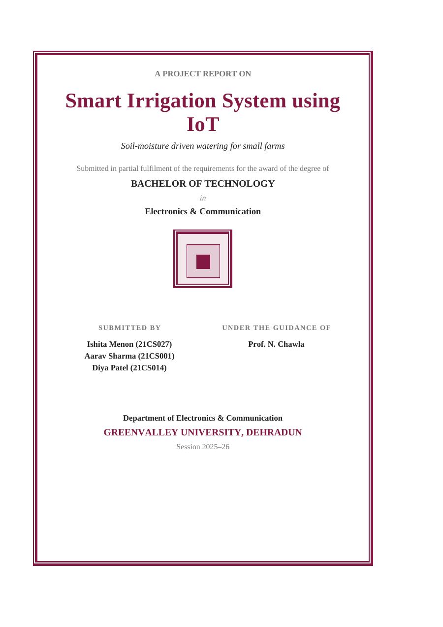 Smart Irrigation System using IoT — Extended Project Report (Classic · Times New Roman) — page 1