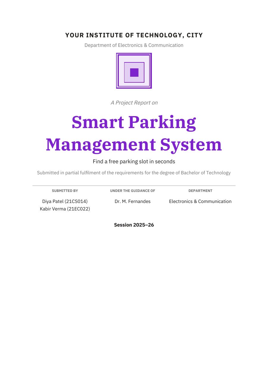 Smart Parking Management System — Extended Project Report (Academic · IBM Plex Serif) — page 1