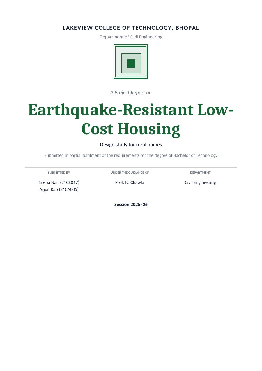 Earthquake-Resistant Low-Cost Housing — Extended Project Report (Academic · Cambria) — page 1