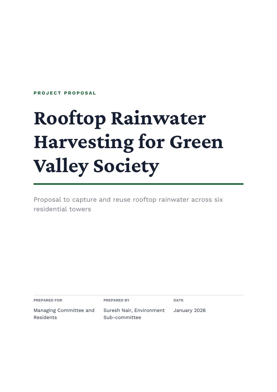 Project Proposal — Rooftop Rainwater Harvesting for Green Valley Society (Minimal · Crimson Pro) — page 1