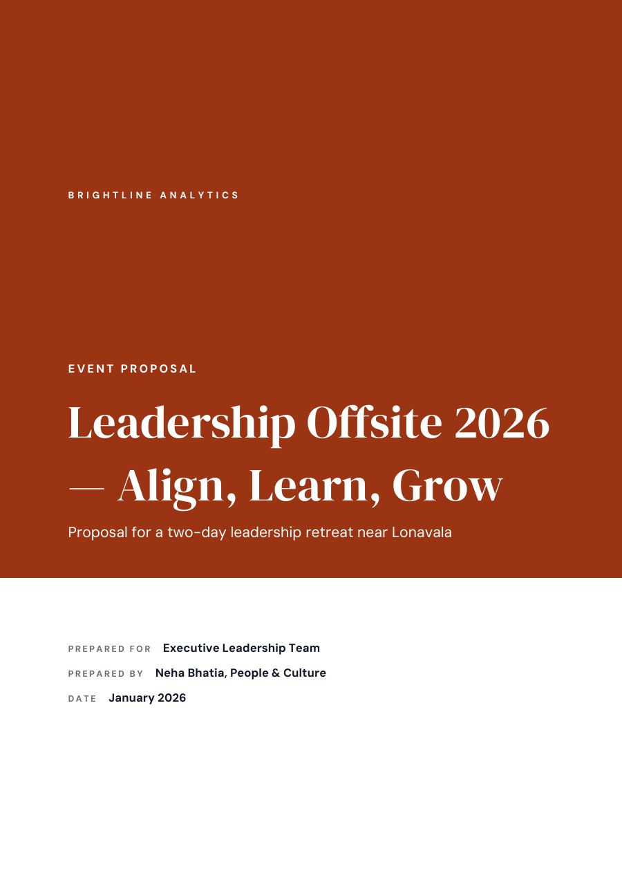 Event Proposal — Leadership Offsite 2026 — Align, Learn, Grow (Full Colour · DM Serif Display) — page 1