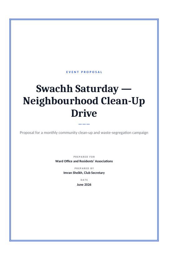 Event Proposal — Swachh Saturday — Neighbourhood Clean-Up Drive (Framed · Cambria) — preview