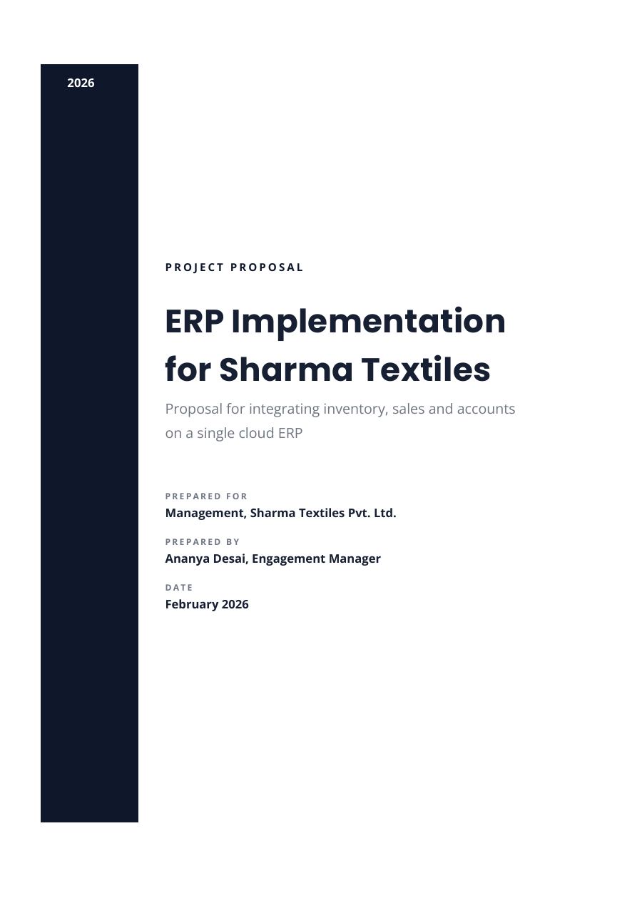 Project Proposal — ERP Implementation for Sharma Textiles (Sidebar · Poppins) — page 1