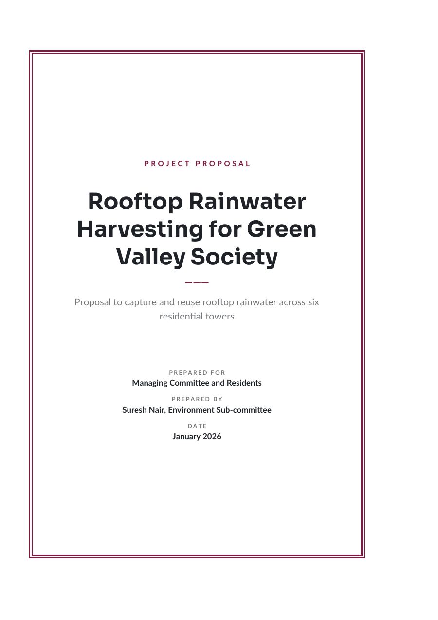 Project Proposal — Rooftop Rainwater Harvesting for Green Valley Society (Framed · Sora) — page 1