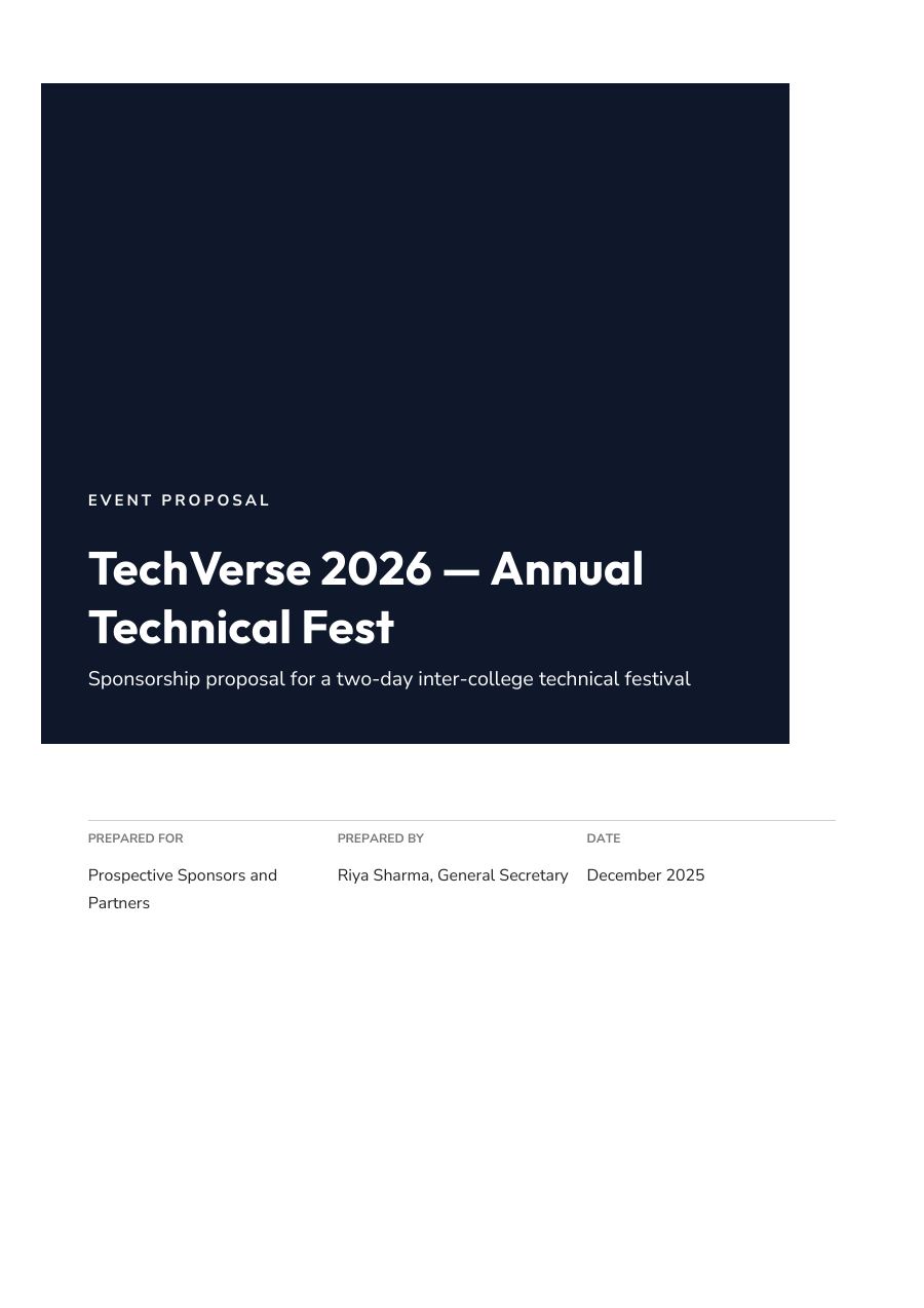 Event Proposal — TechVerse 2026 — Annual Technical Fest (Block · Outfit) — page 1