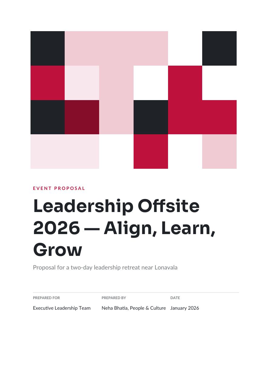 Event Proposal — Leadership Offsite 2026 — Align, Learn, Grow (Geometric · Sora) — page 1