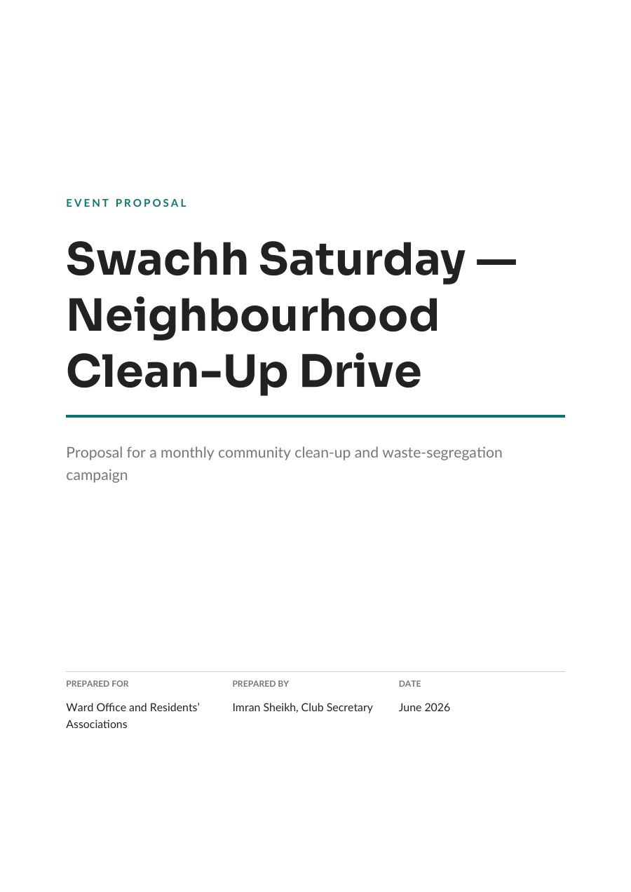 Event Proposal — Swachh Saturday — Neighbourhood Clean-Up Drive (Minimal · Sora) — page 1