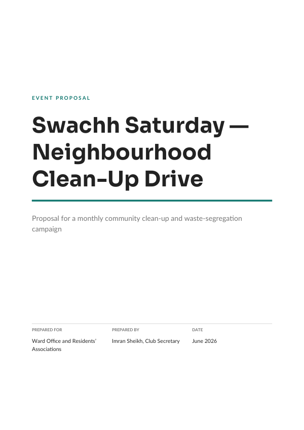 Event Proposal — Swachh Saturday — Neighbourhood Clean-Up Drive (Minimal · Sora) — preview