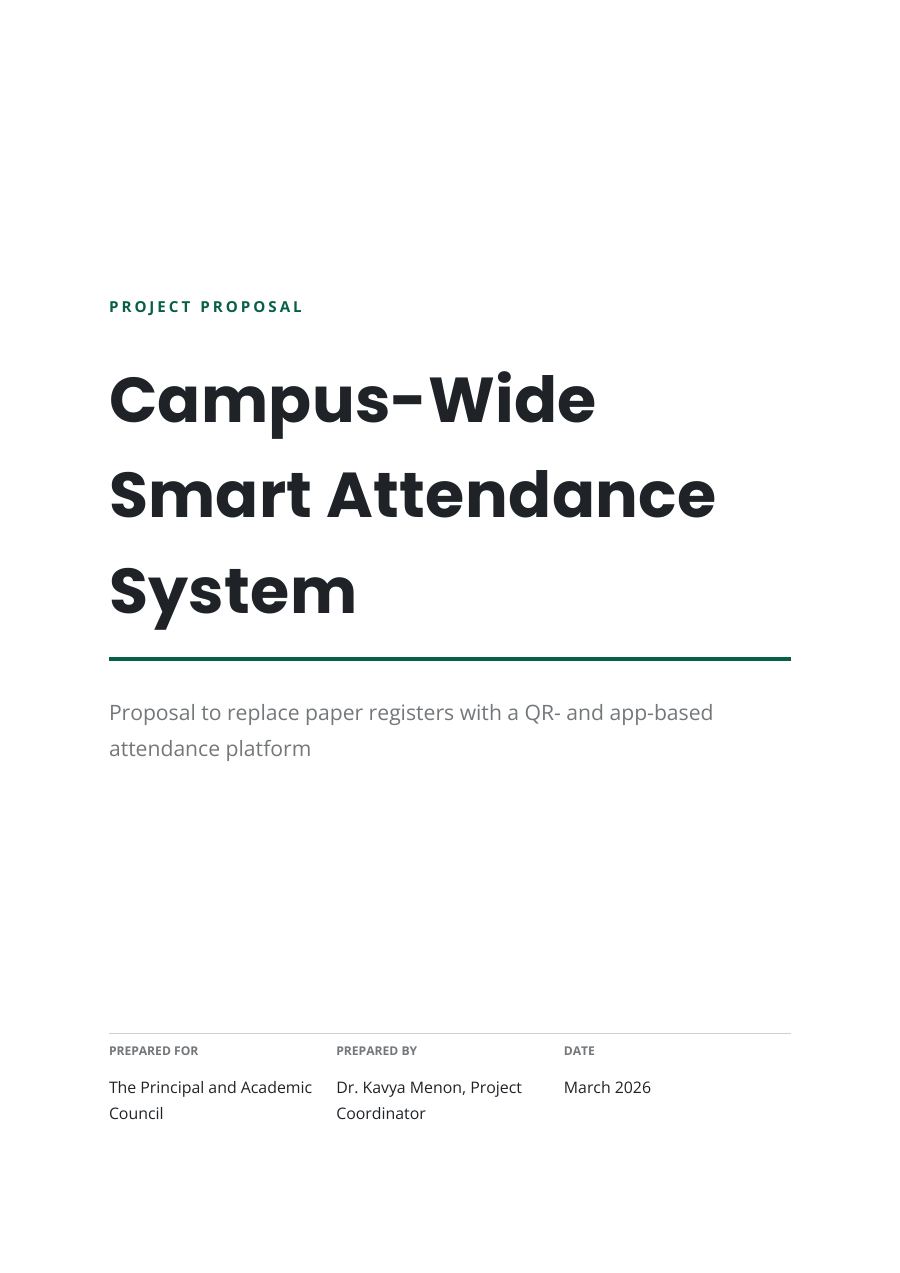 Project Proposal — Campus-Wide Smart Attendance System (Minimal · Poppins) — page 1