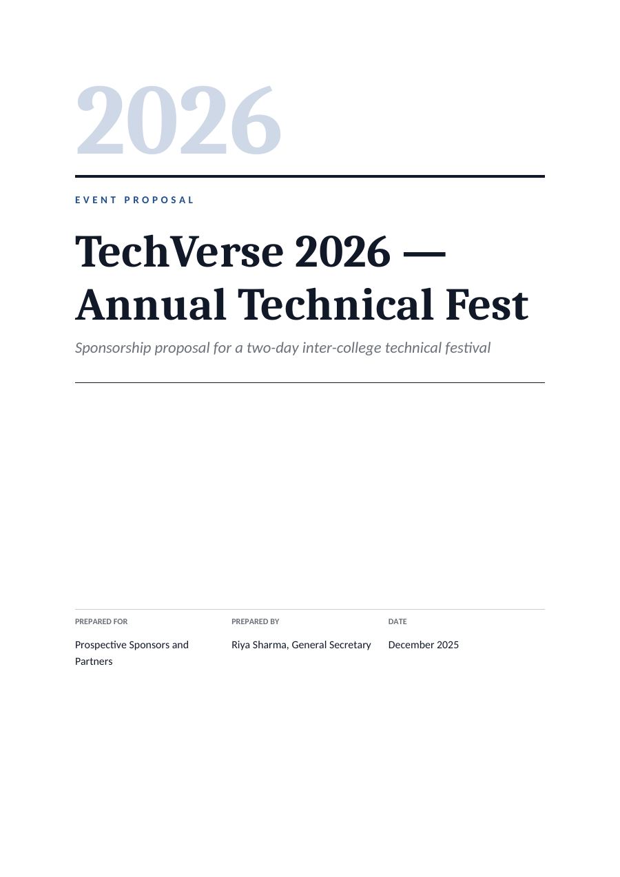 Event Proposal — TechVerse 2026 — Annual Technical Fest (Editorial · Cambria) — page 1