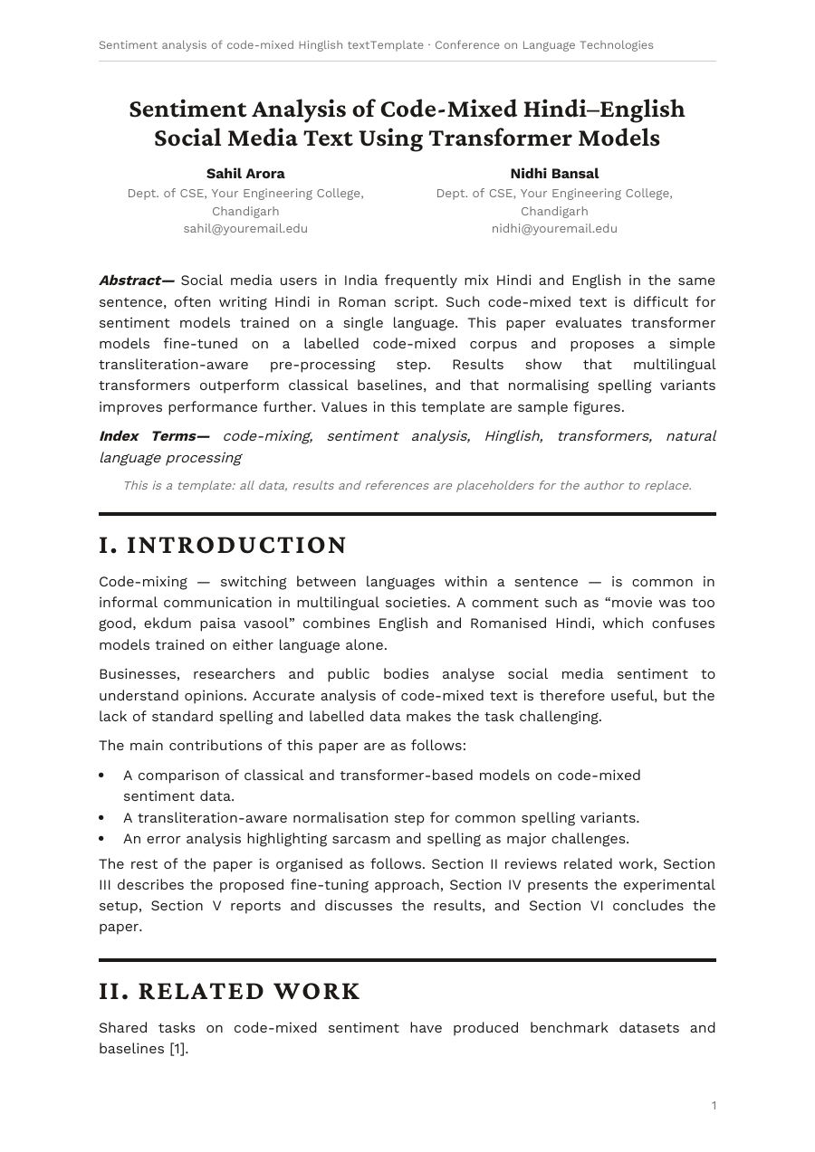 Sentiment analysis of code-mixed hinglish text (Sidebar · Crimson Pro) — page 1