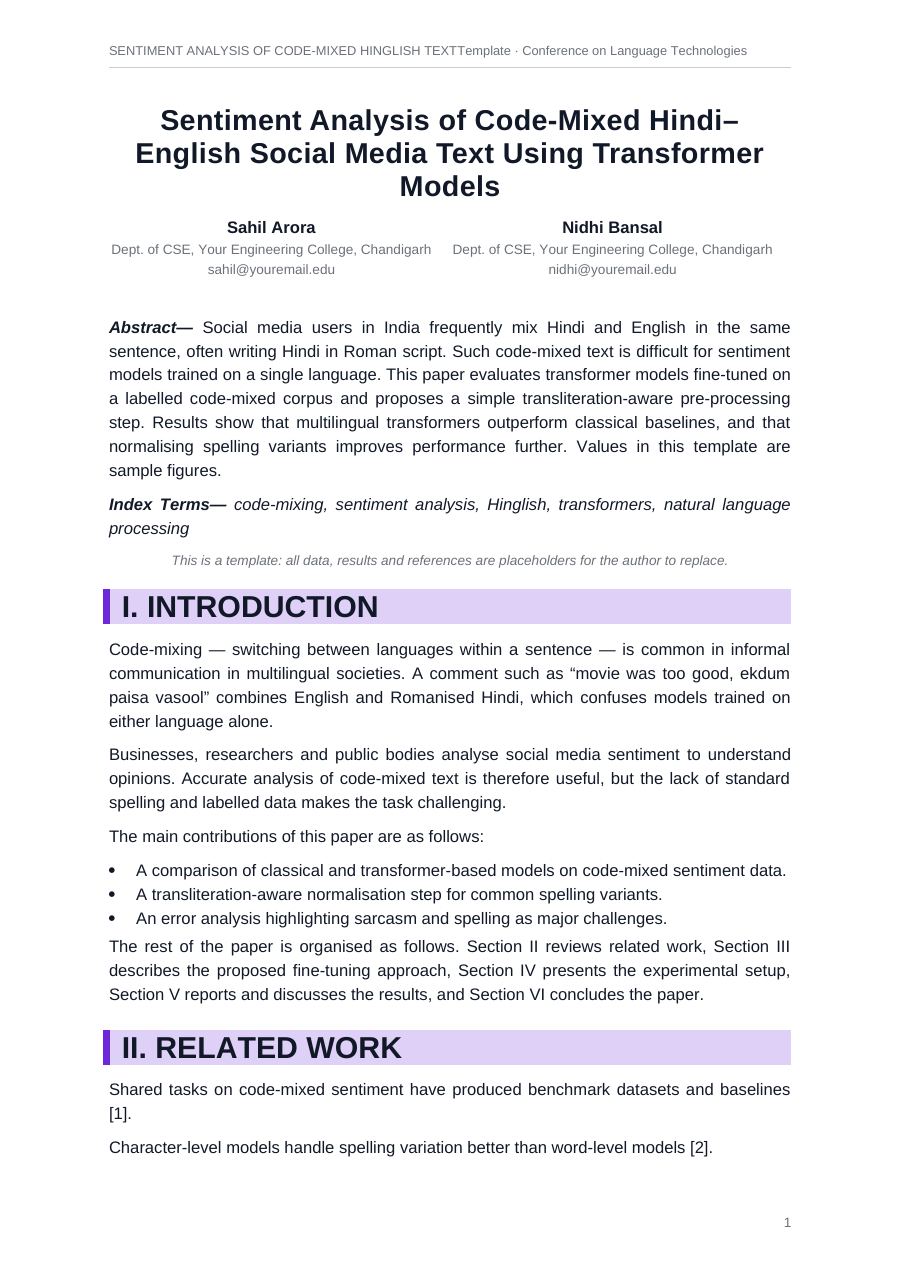 Sentiment analysis of code-mixed hinglish text (Framed · Arial) — page 1