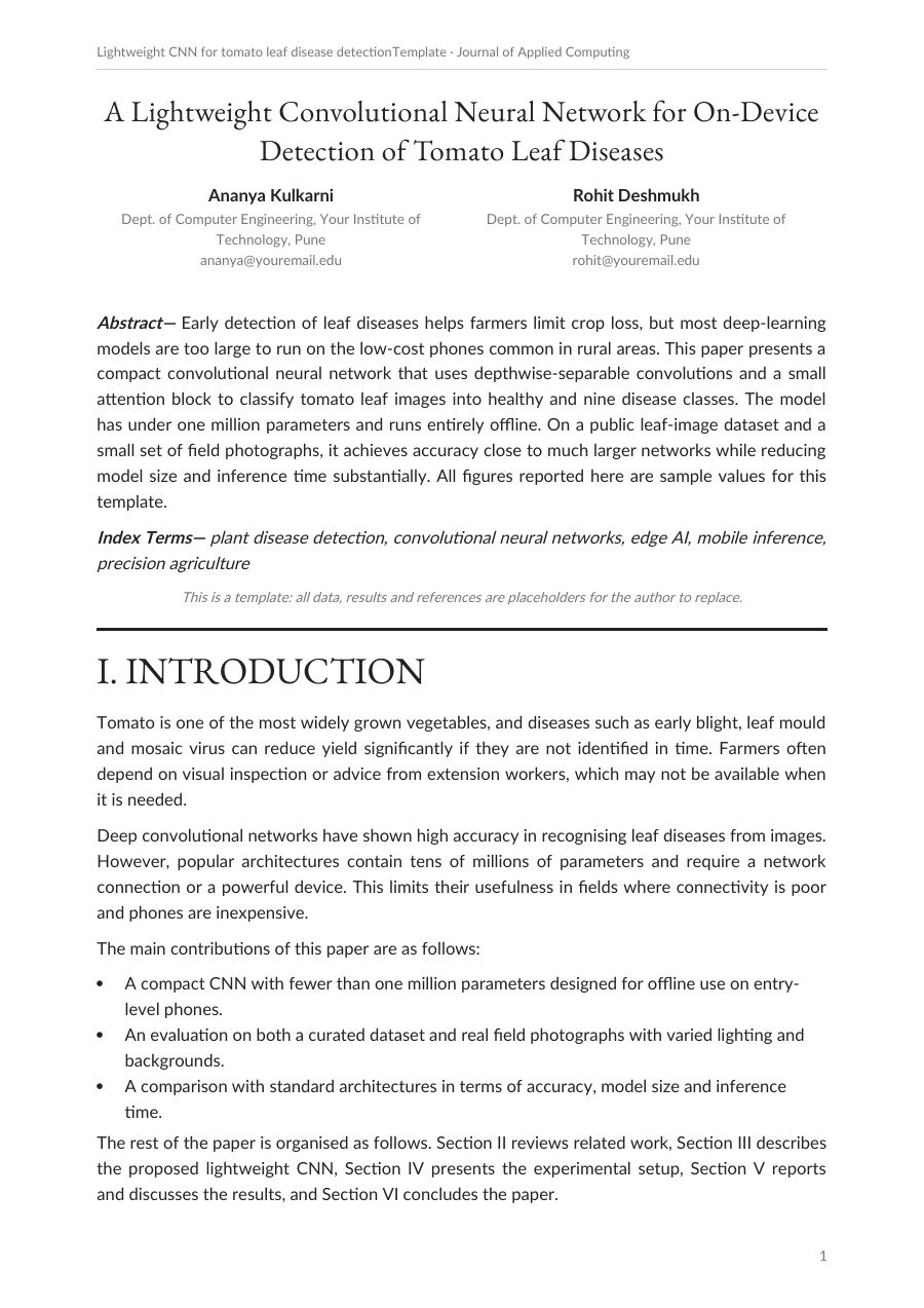 Lightweight cnn for tomato leaf disease detection (Academic · EB Garamond) — page 1