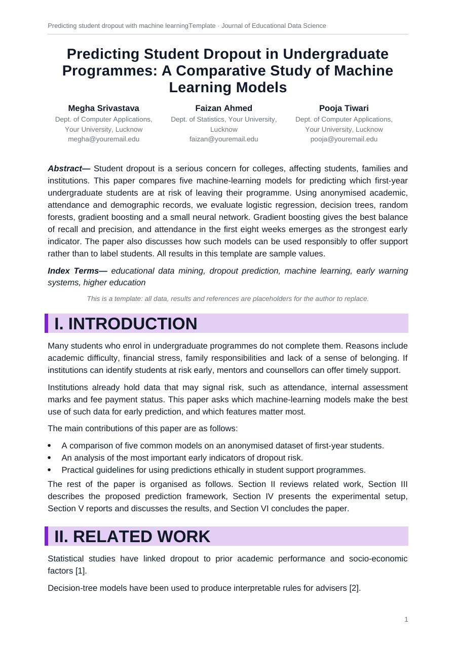 Predicting student dropout with machine learning (Editorial · Arial) — page 1