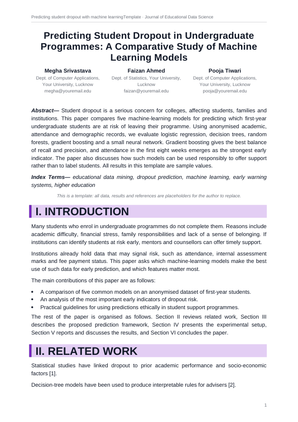 Predicting student dropout with machine learning (Editorial · Arial) — preview