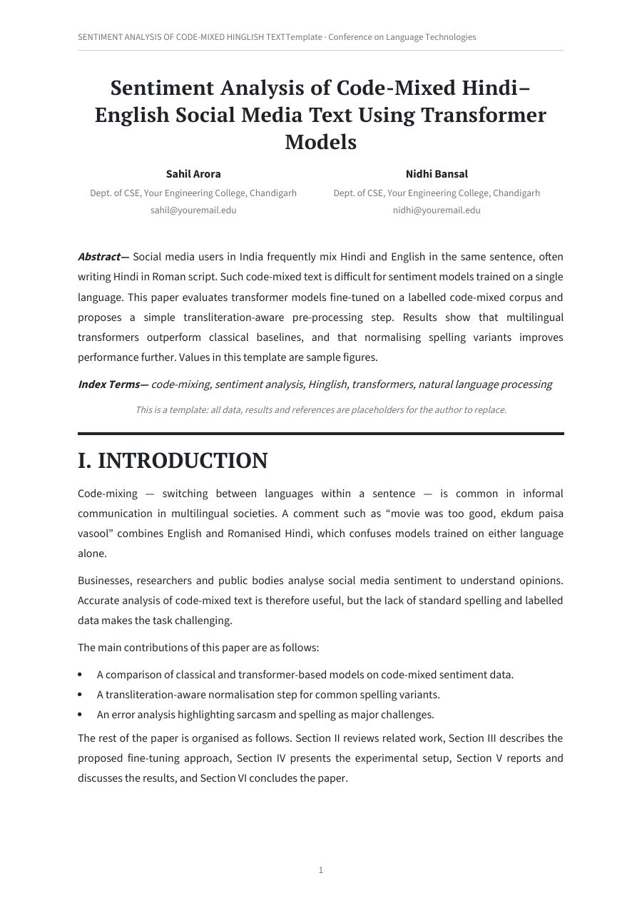 Sentiment analysis of code-mixed hinglish text (Band · PT Serif) — page 1