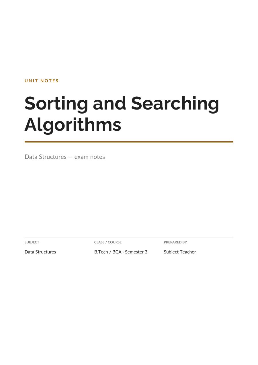 Sorting and Searching Algorithms — Study Notes (Minimal · Raleway) — page 1