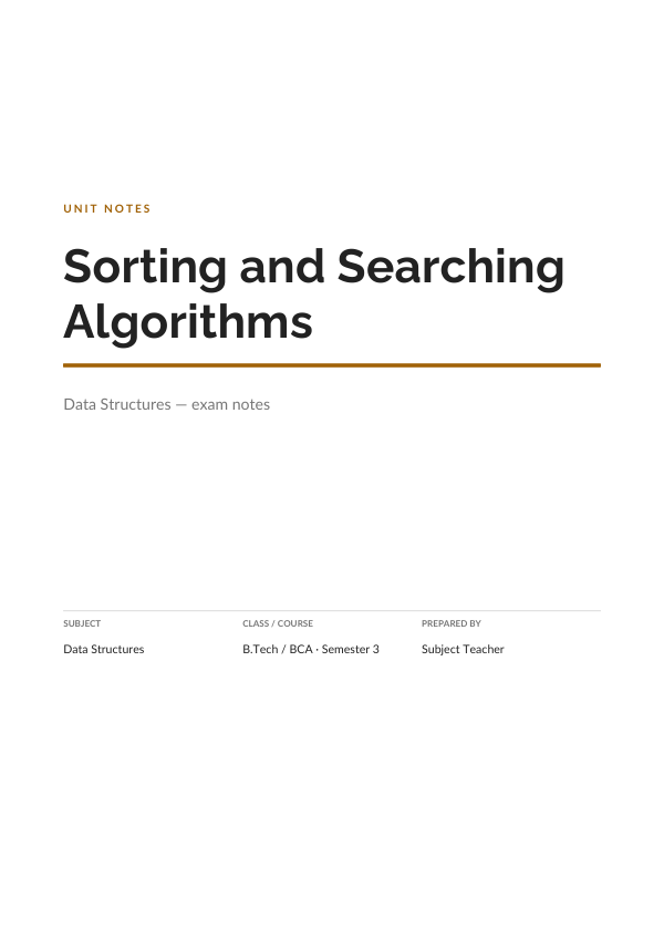 Sorting and Searching Algorithms — Study Notes (Minimal · Raleway) — preview