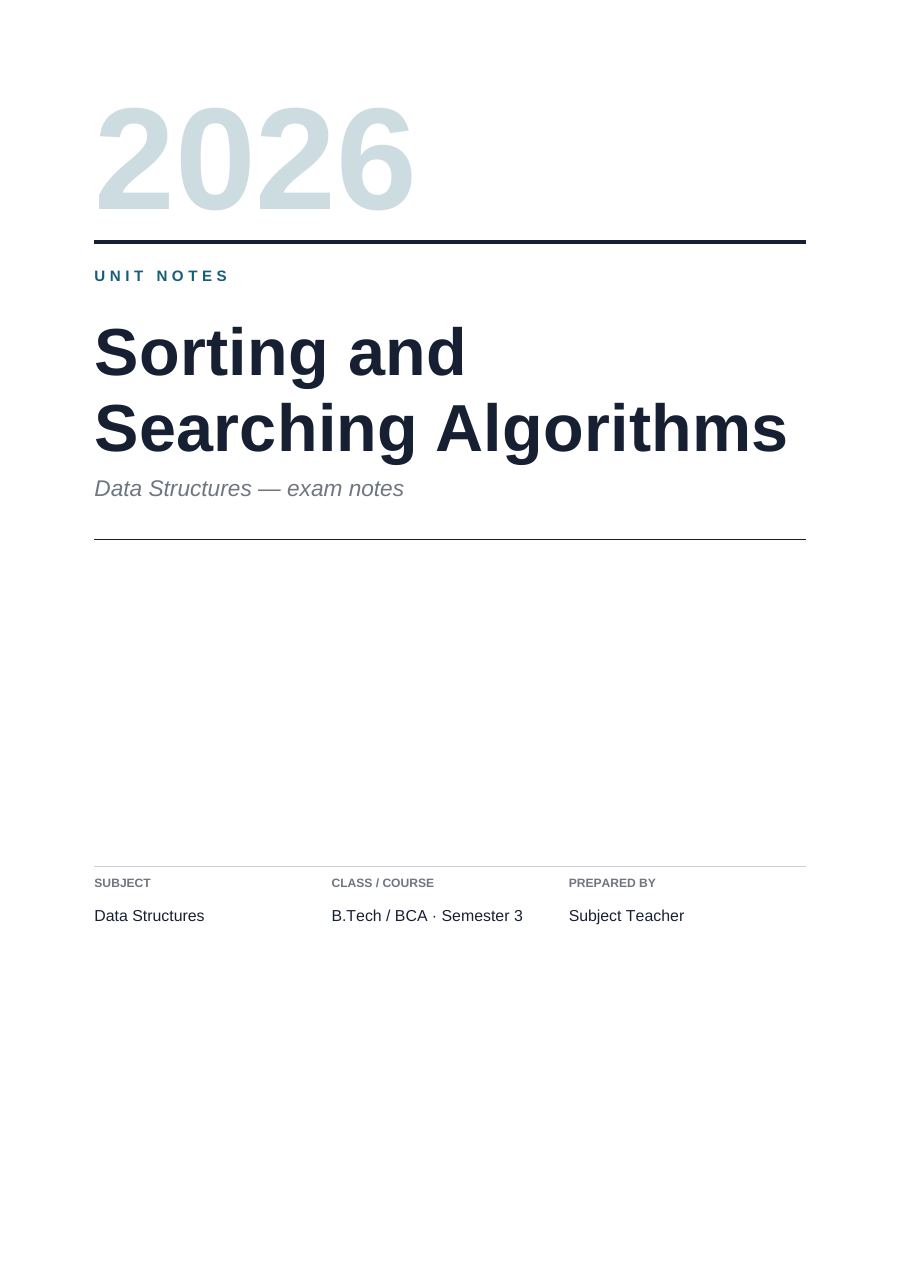 Sorting and Searching Algorithms — Study Notes (Editorial · Arial) — page 1