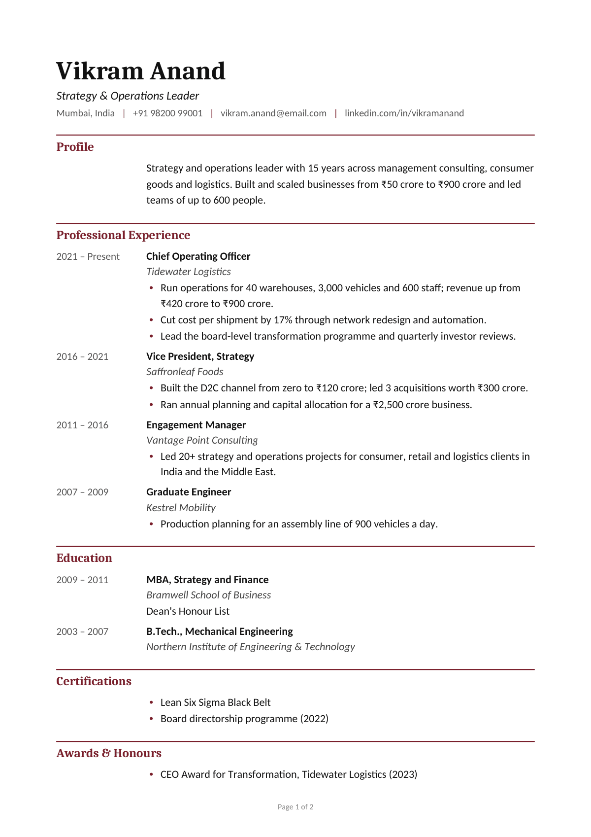 Strategy & Operations Leader — CV template preview