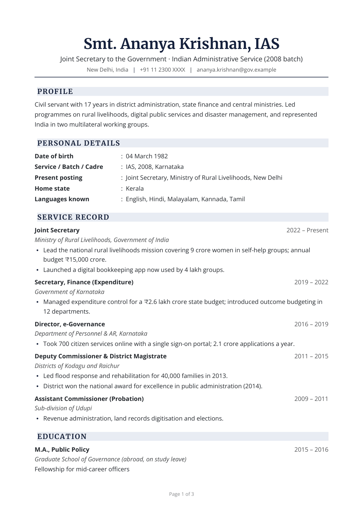 Joint Secretary to the Government · Indian Administrative Service (2008 batch) — CV template preview