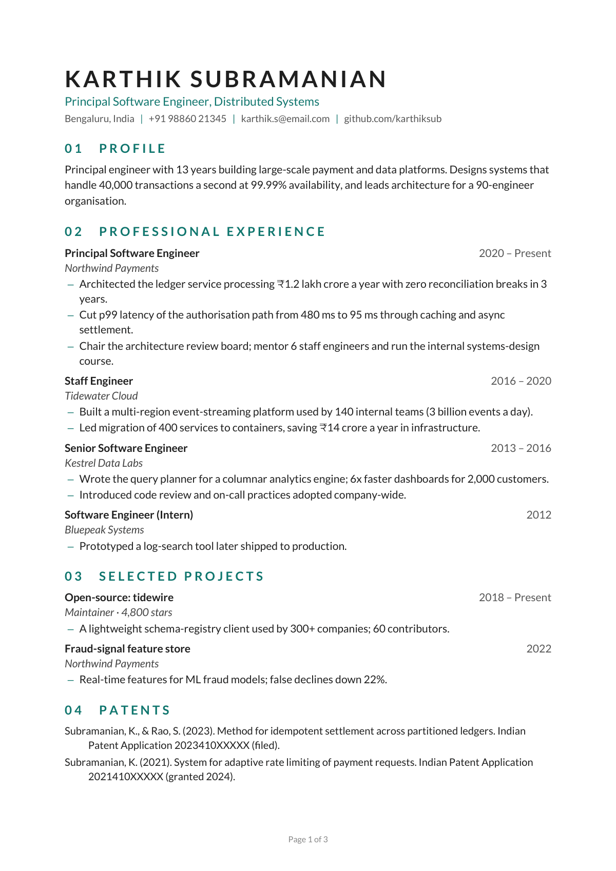 Principal Software Engineer, Distributed Systems — CV template preview