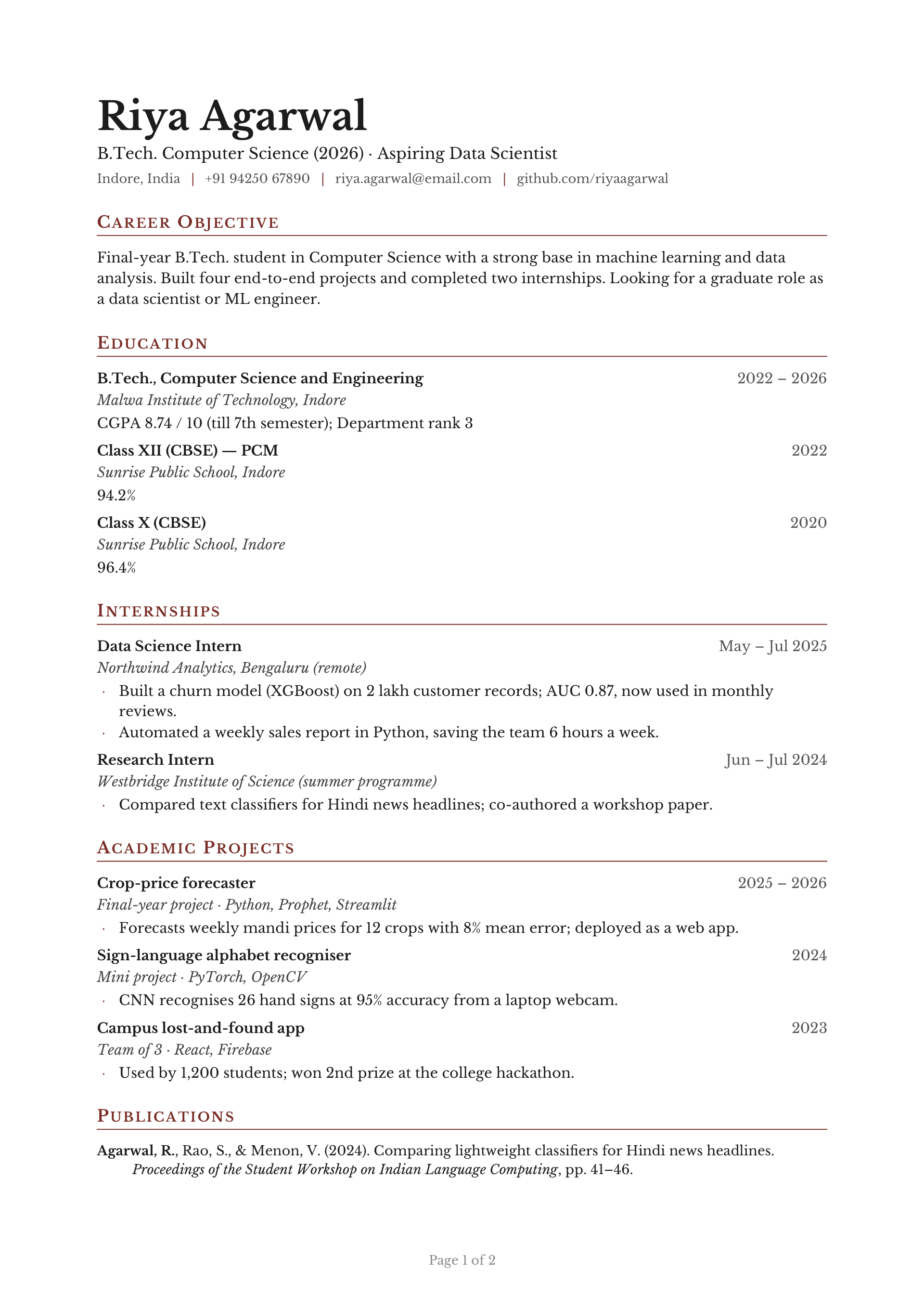 B.Tech. Computer Science (2026) · Aspiring Data Scientist — page 1 preview