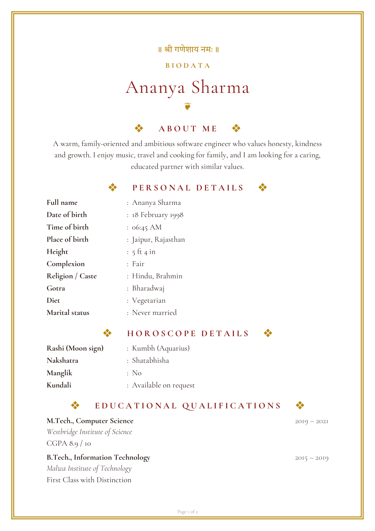 Marriage Biodata — CV template preview