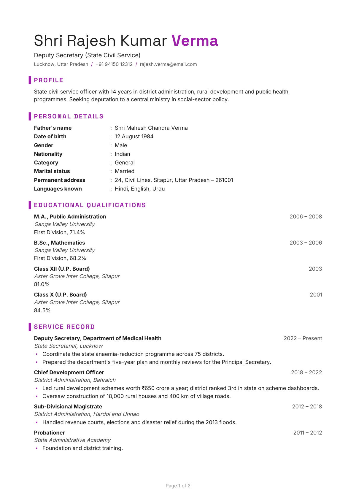 Deputy Secretary (State Civil Service) — CV template preview
