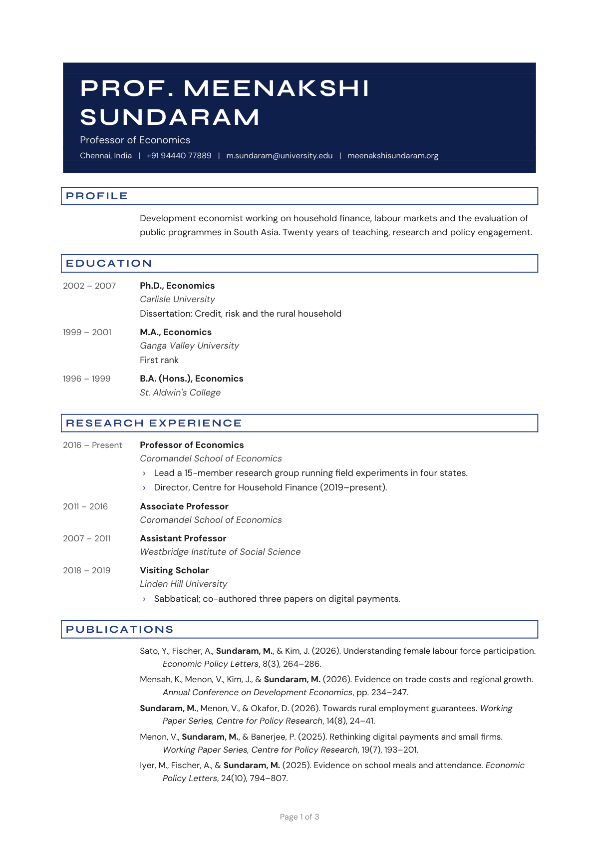 Professor of Economics — CV template preview