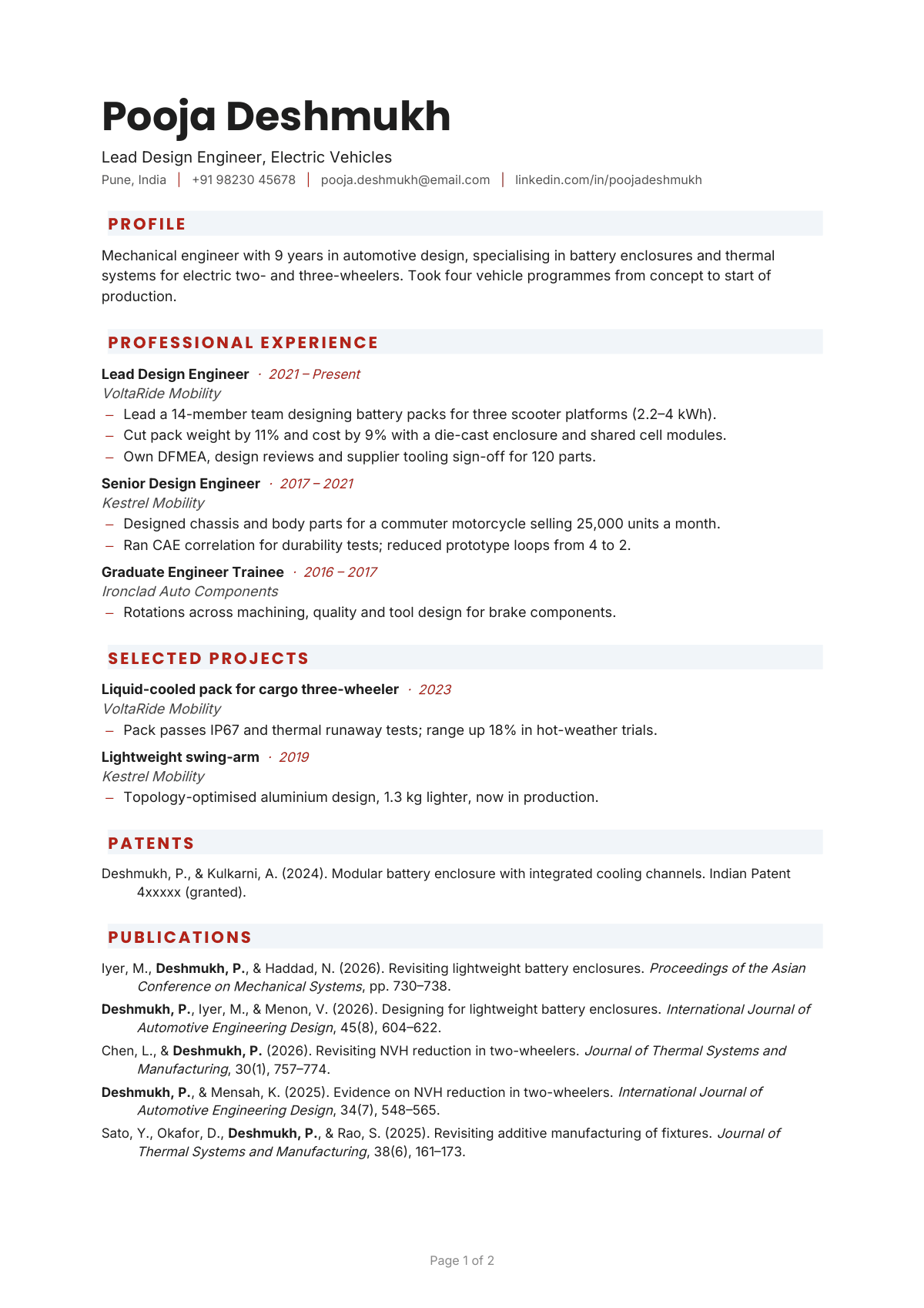 Lead Design Engineer, Electric Vehicles — CV template preview