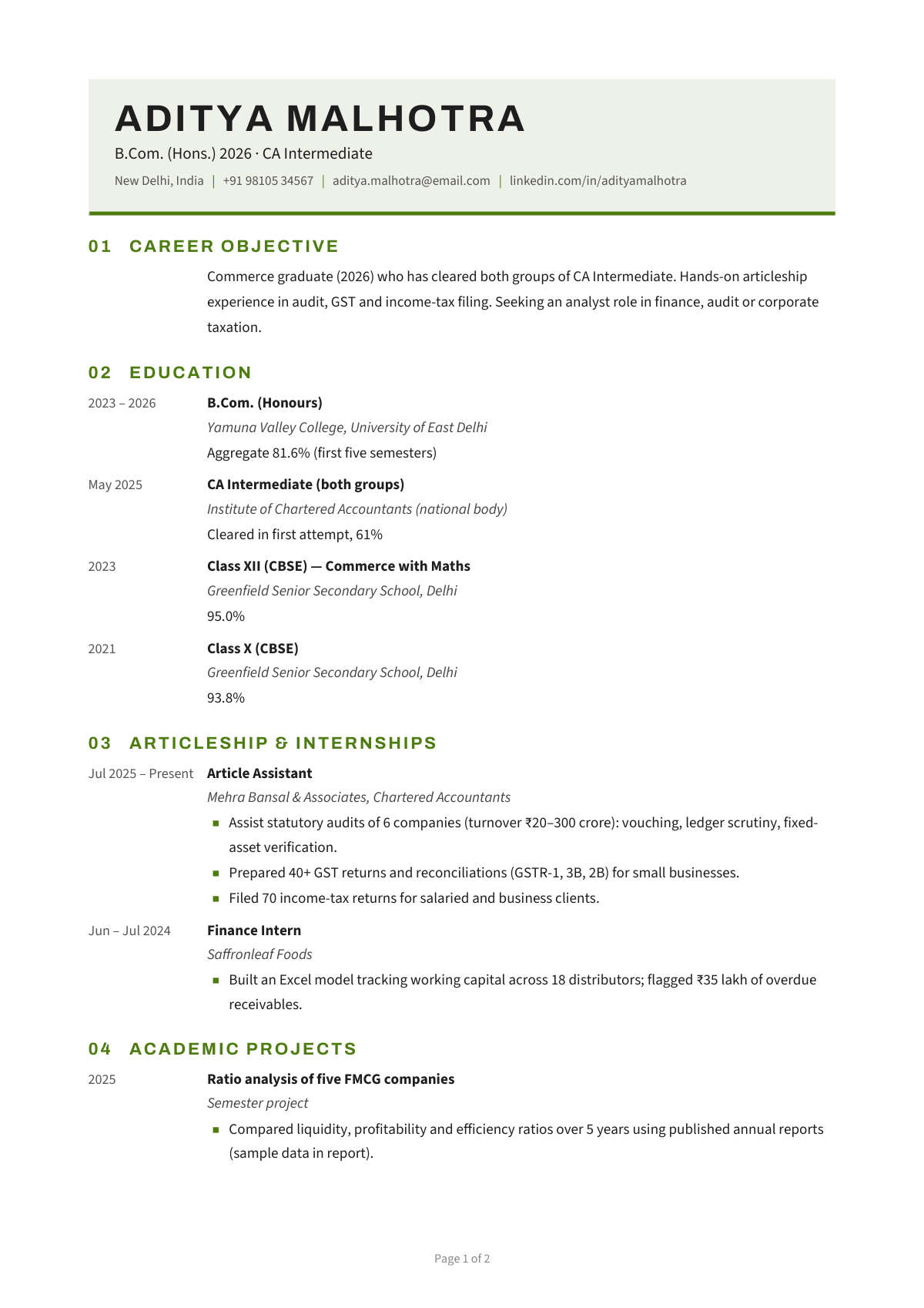 B.Com. (Hons.) 2026 · CA Intermediate — CV template preview