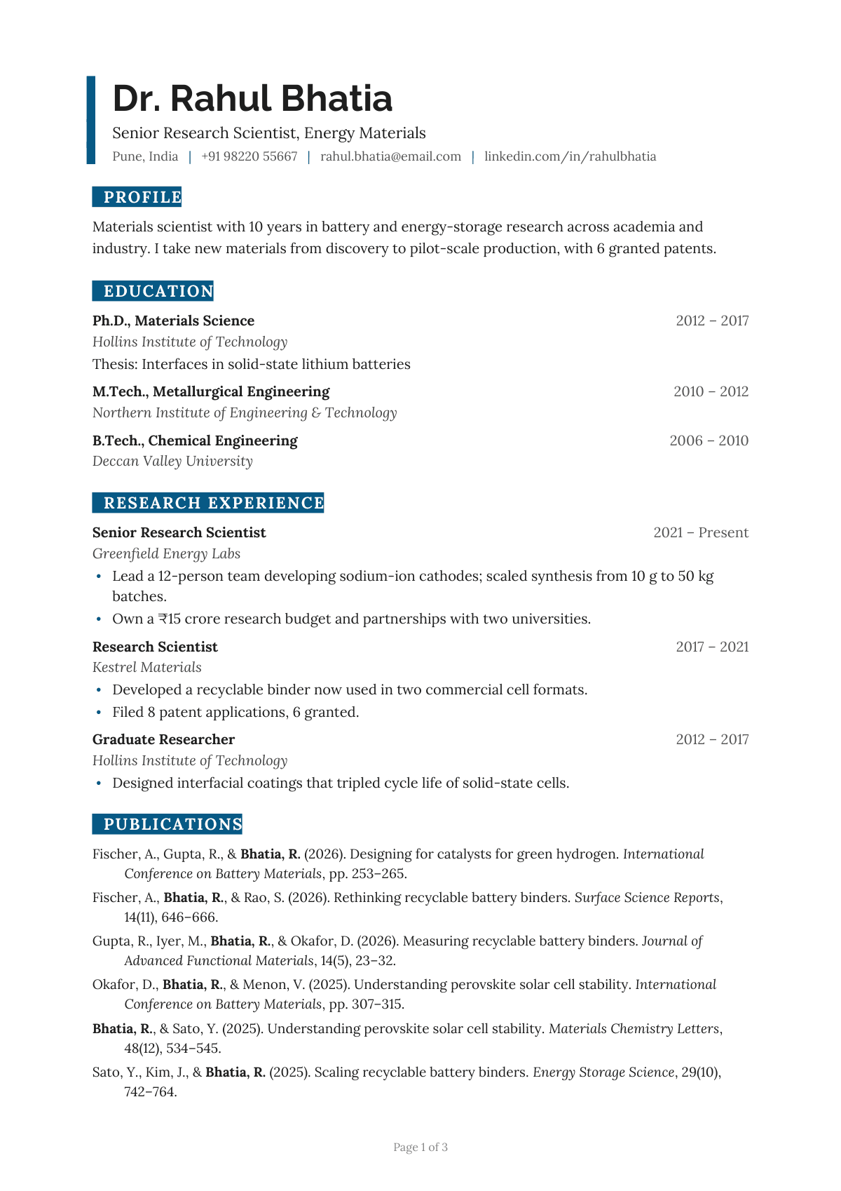 Senior Research Scientist, Energy Materials — CV template preview