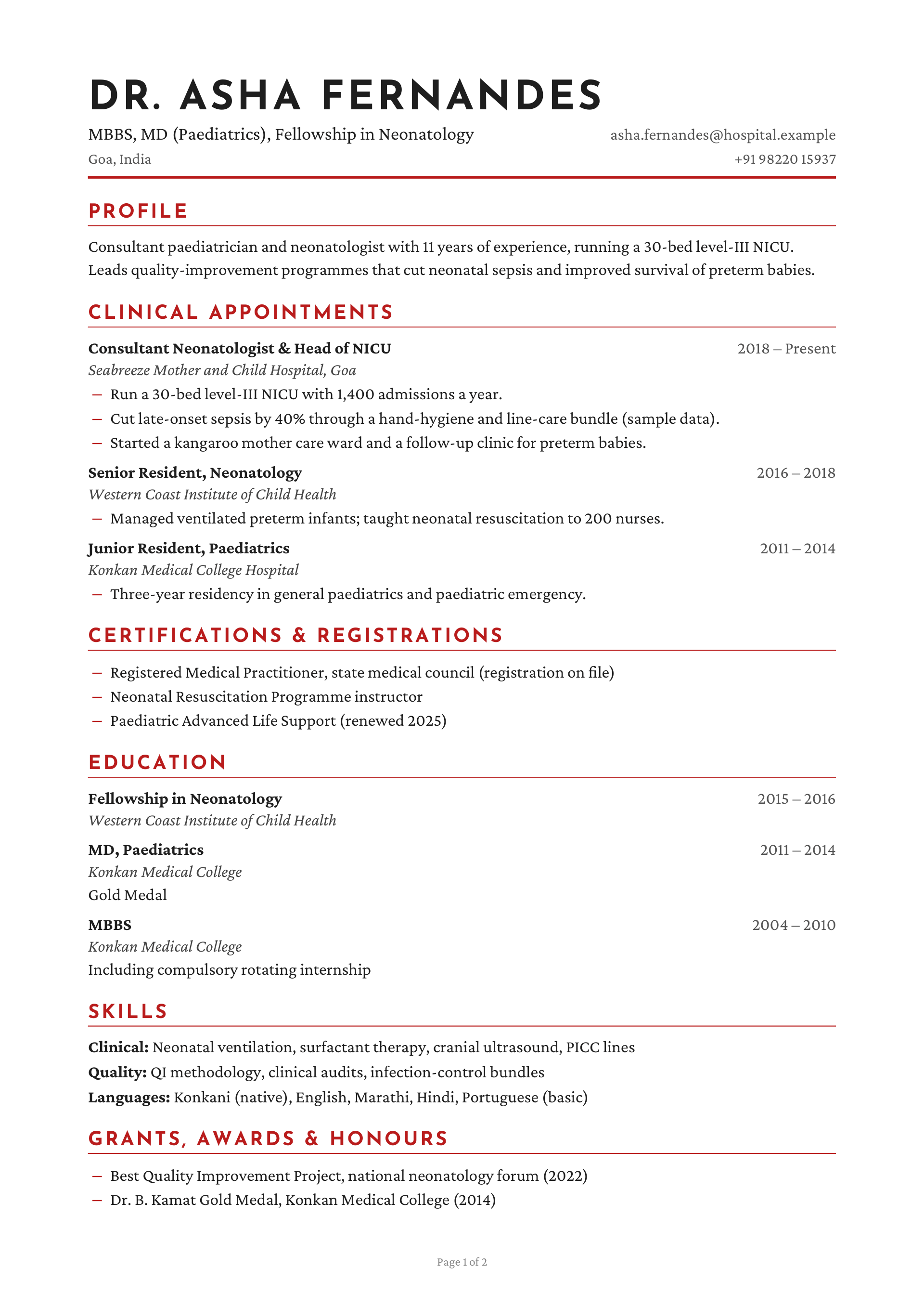 MBBS, MD (Paediatrics), Fellowship in Neonatology — page 1 preview