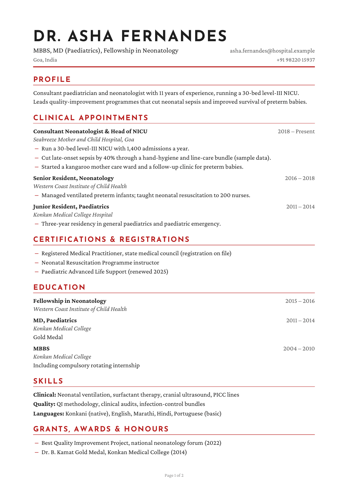 MBBS, MD (Paediatrics), Fellowship in Neonatology — CV template preview