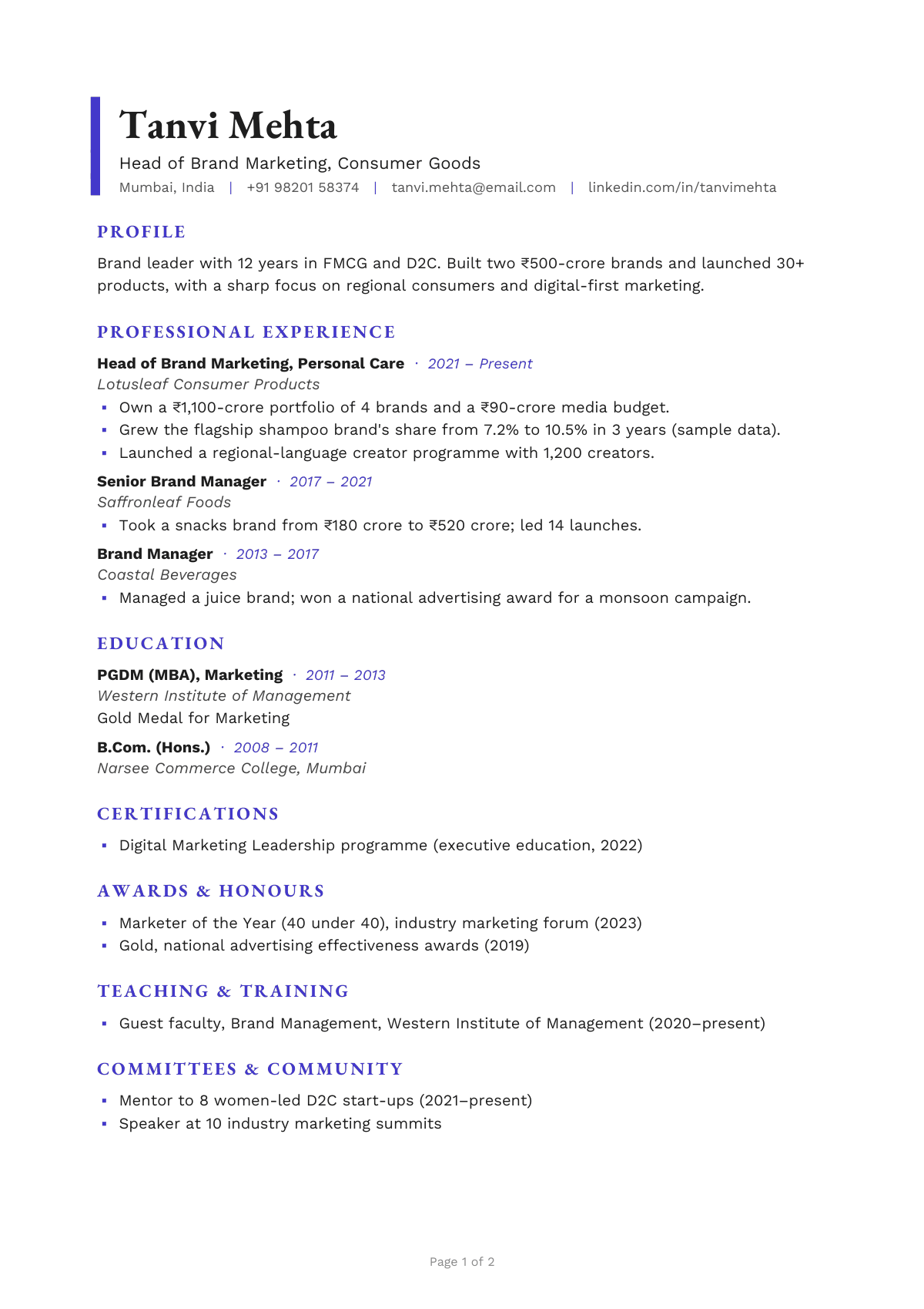 Head of Brand Marketing, Consumer Goods — CV template preview