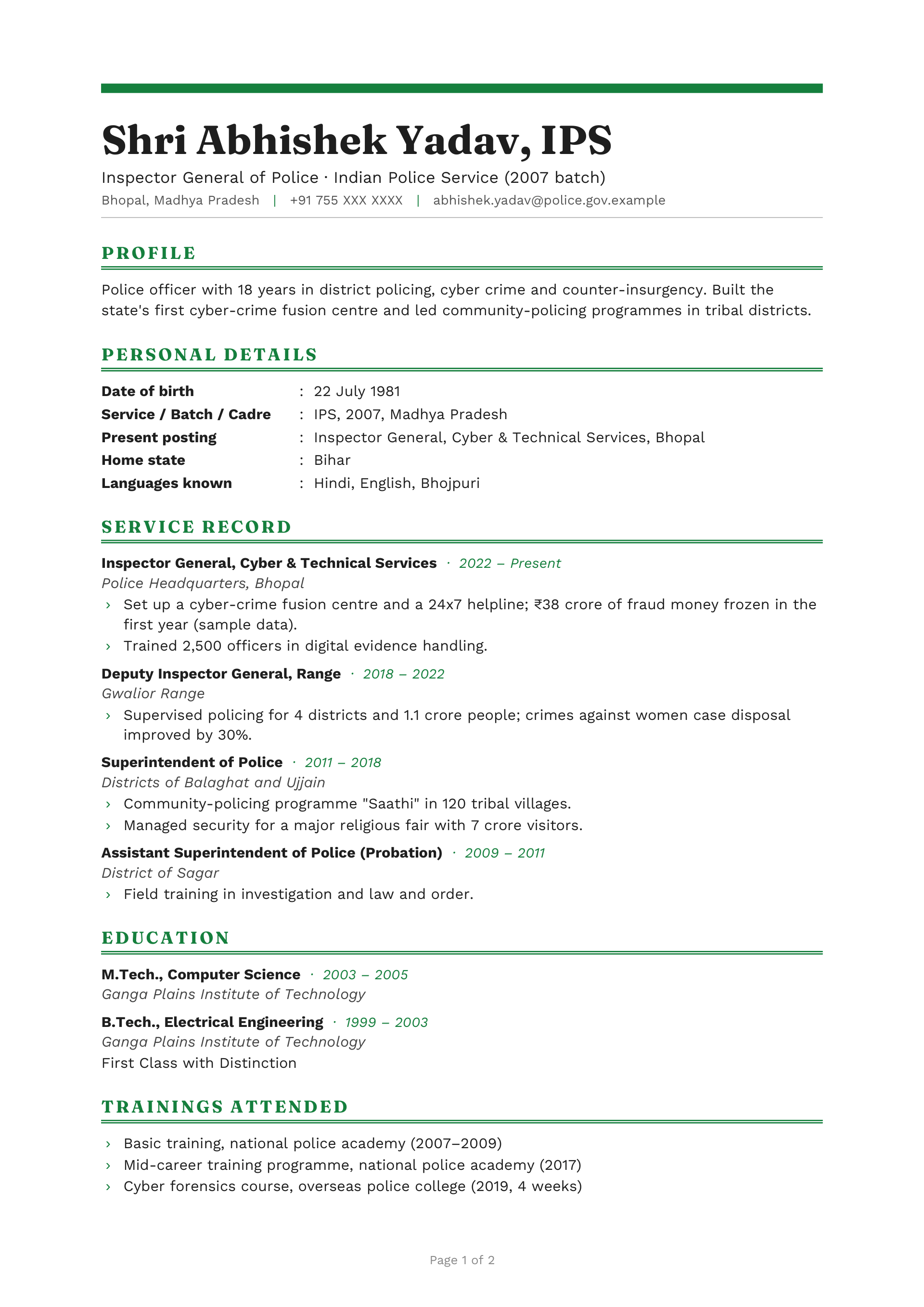 Inspector General of Police · Indian Police Service (2007 batch) — page 1 preview